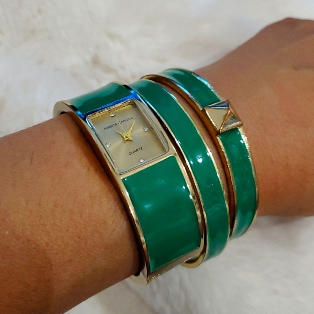 VINTAGE 3 PIECE KELLY GREEN QUARTZ WATCH BRACELET BANGLE BUNDLE